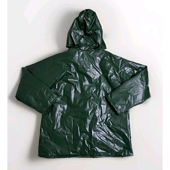 Duck Bay Raincoat PVC Rain Jacket Mens Medium Hooded Insulated Plaid Lined Green - Picture 7 of 12